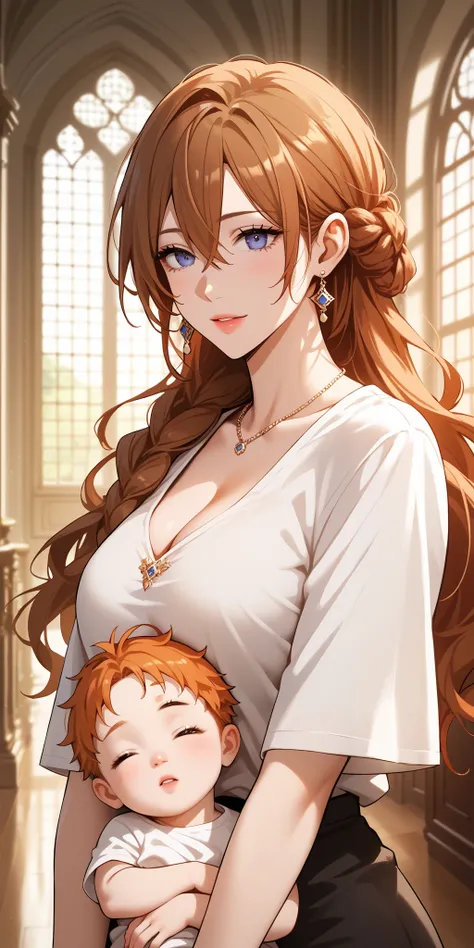 Score_9, Score_8_climb, Score_7_climb, Source_ Anime, Anime art, Anime style, is very beautiful, Masterpieces, high quality, 1 girl, elegant polite young woman, baby, Has a curve, t-shirt, Long Sleeve, Brown Hair, long hair, hair between eyes, house,...