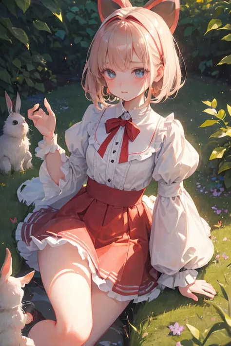 Ultra HD、real photo、(Extremely Detailed CG Unity 8K Wallpaper、masterpiece)、(Best lighting、best shadows、very delicate and beautiful with pores)、Ultra Details、《Alice in Wonderland wearing a red skirt and white blouse 1.2》、《Petite Baby-Faced Beauty with Bold ...