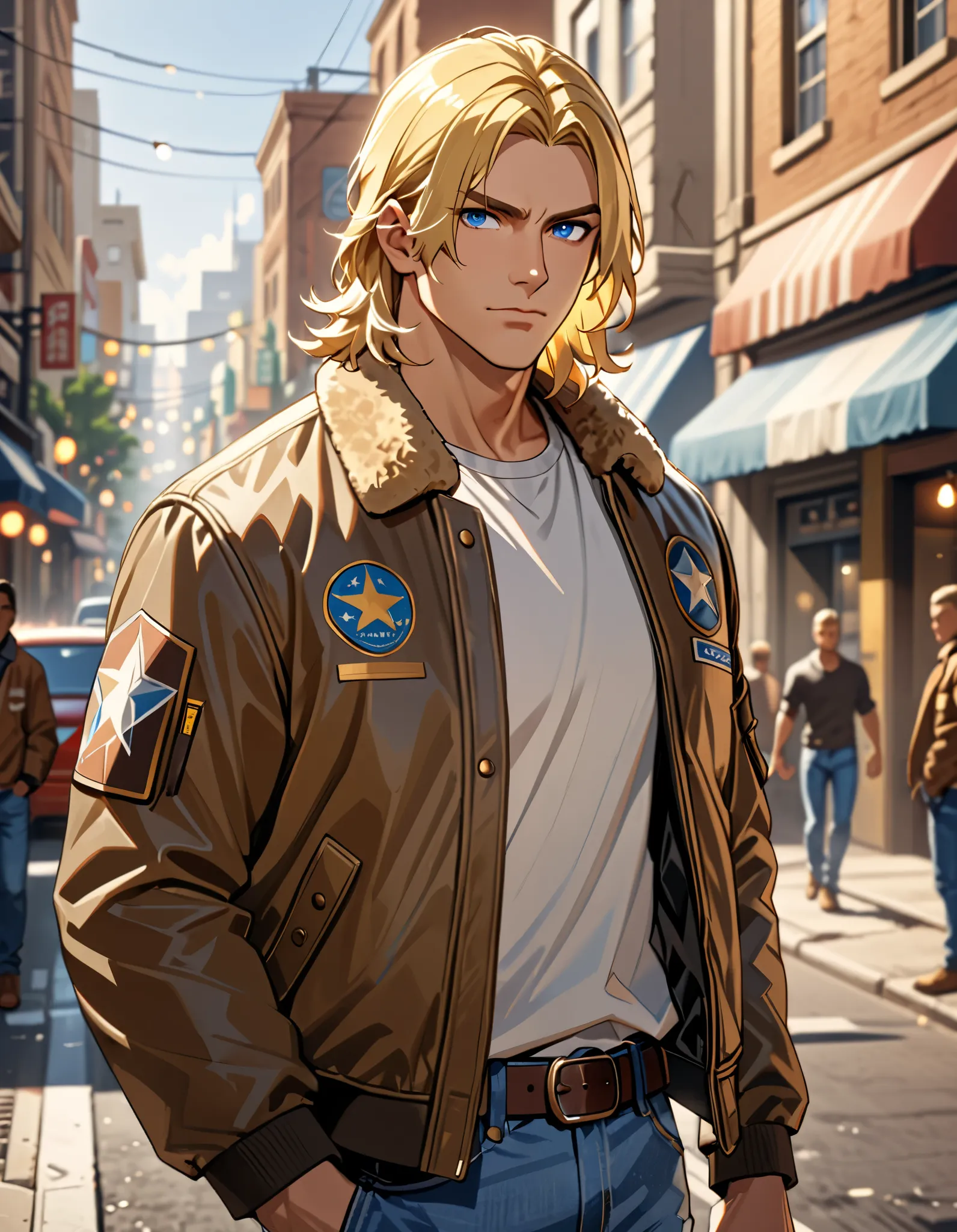 masterpiece, best quality, high res, highly detailed, 8k. 1boy, adult male, male focus, motw_terry, blonde hair, medium hair, blue eyes, bomber jacket, white shirt, jeans, South Town, street backdrop, standing, relaxed pose, depth of field, cowboy shot, da...