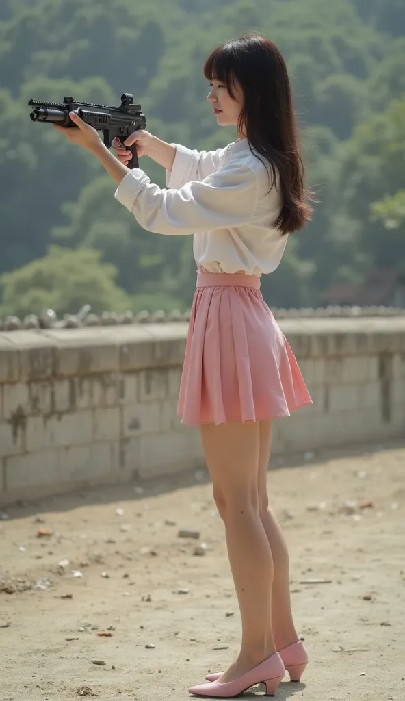 real person realistic beautiful japanese office lady in shirt and pink satin short mini skirt fighting standing stance legs open spreading arms straighten full portrait holding rifle at shooting range practice pointing at target sexy legs aiming front accu...