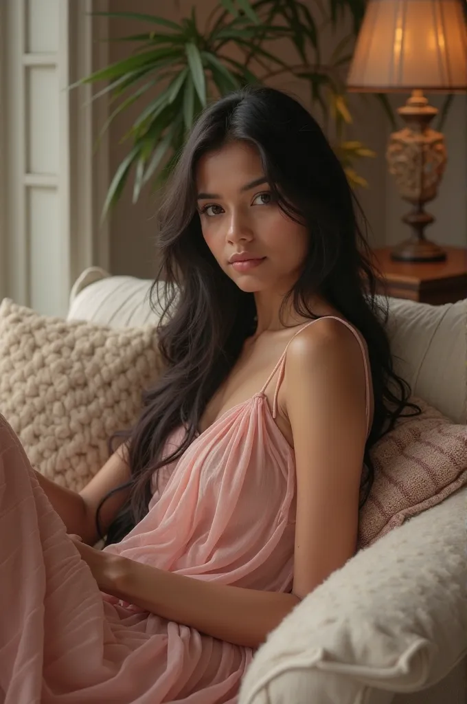 Indian beautiful model  girl is sitting on a sofa in her house wearing a pink colored frock and has long hair