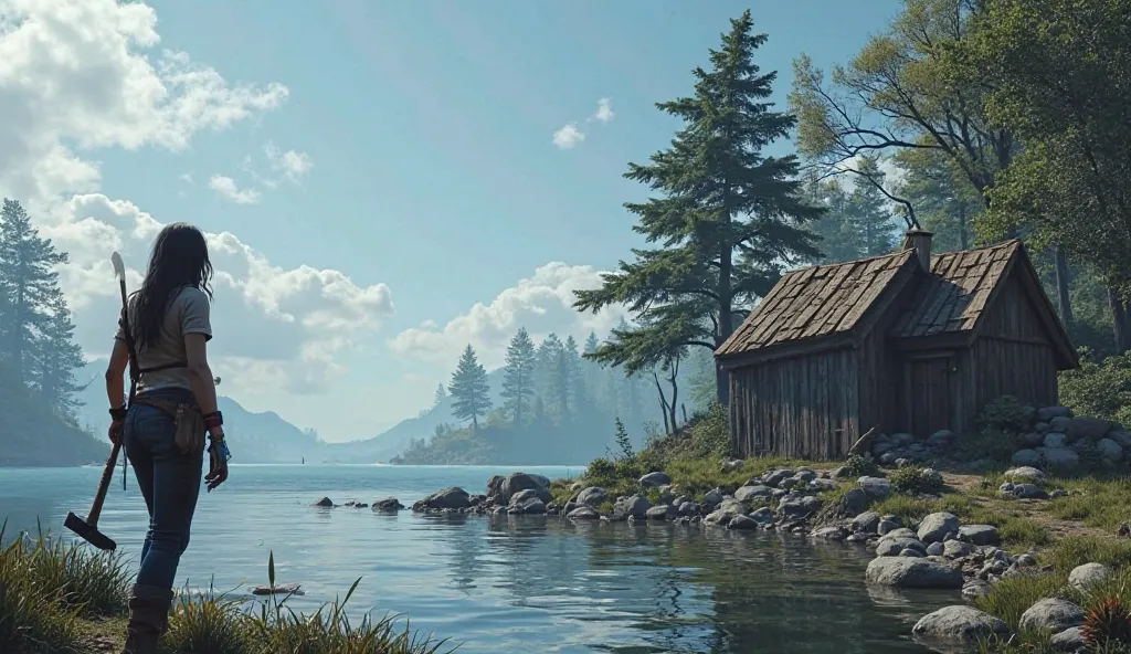 Create a Realistic Game Image "Last Island Of Survival , reflection in the water, Realistic Matos, trees, Neve, view of Costas, Protagonist: Black-haired Woman, blue sky, Stone Axe in the Hand, Pickaxe in the Back, A Shack made of Wood Next Door