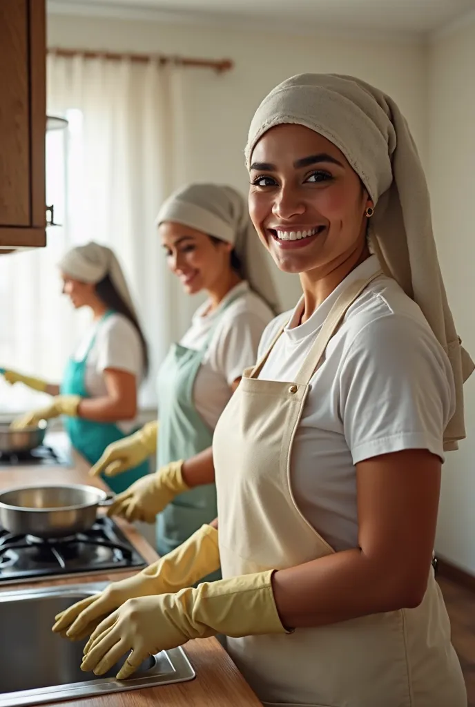 Prompt:
“A highly realistic digital image of three Egyptian cleaning ladies with authentic Egyptian facial features, working together in a bright and well-maintained home. One woman is smiling while washing dishes at the sink, wearing a clean and professio...