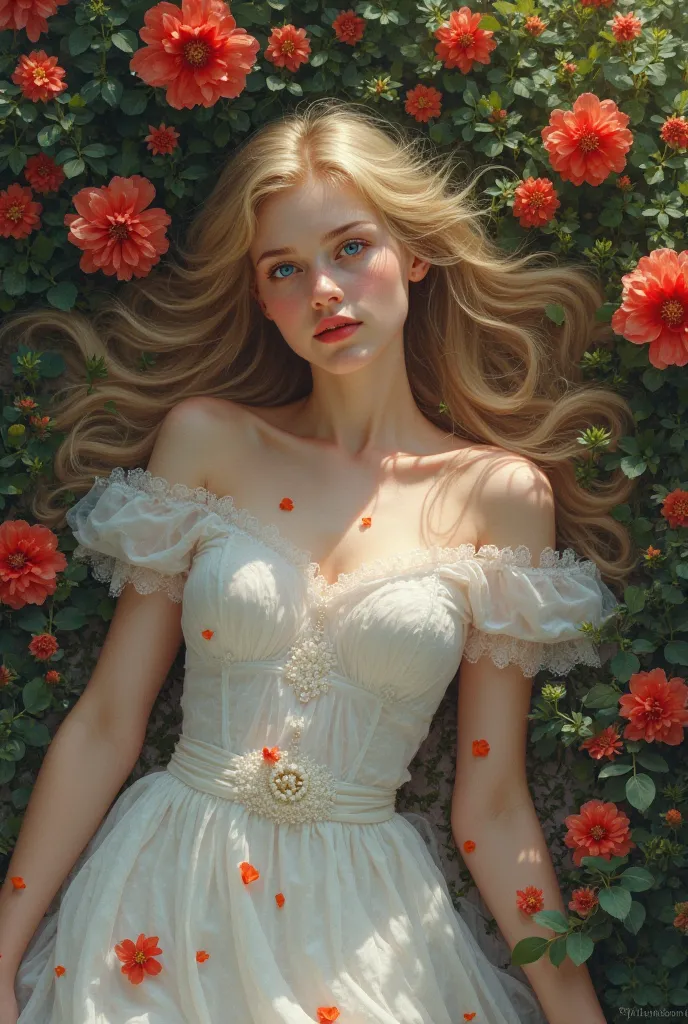 Woman with blue eyes long blonde hair white dress lying on top of red flowers 