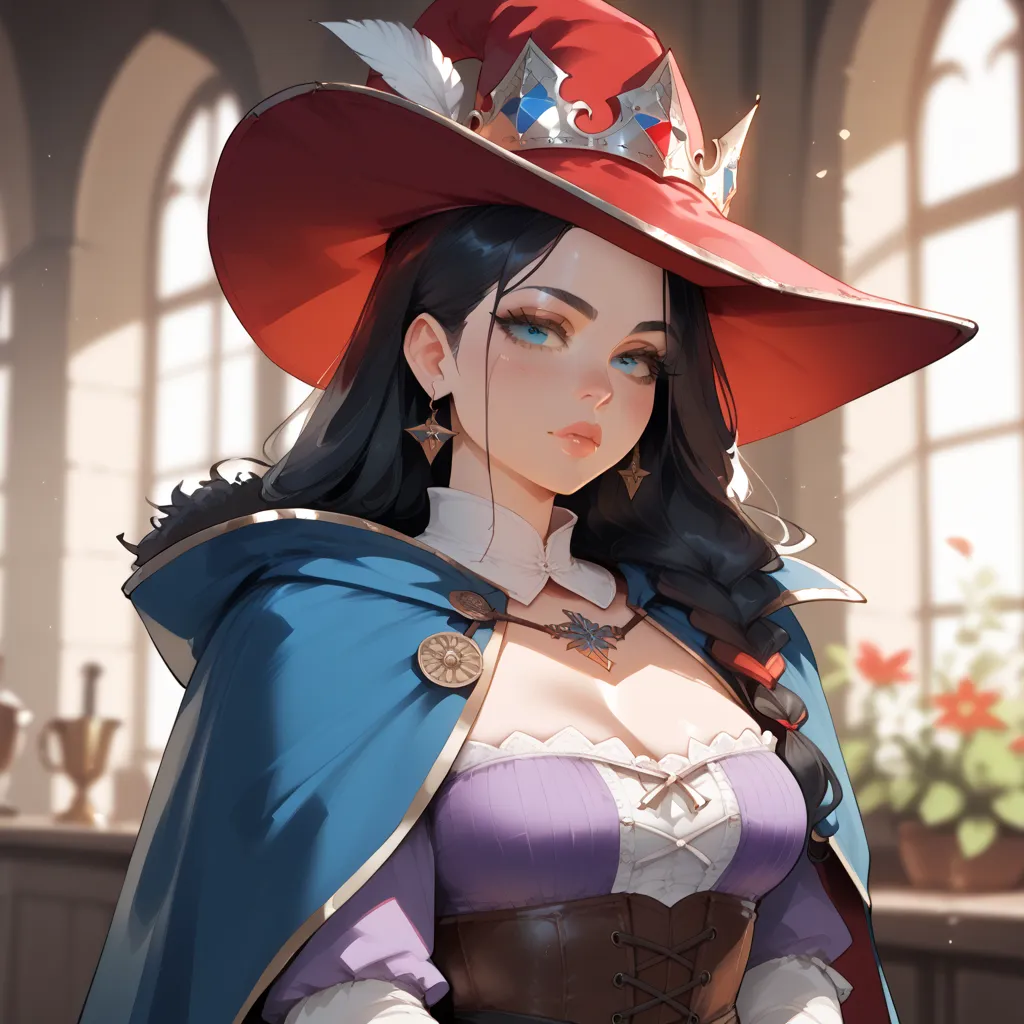 Female, Black hair, down to shoulder length hair, Blue cape, Red Hat, Medieval, Princess_clothing, Purple Clothing