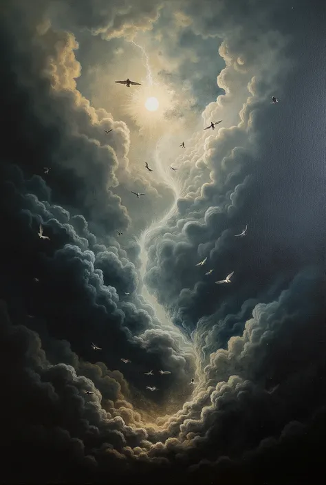 An Epic dark late classical gothic horror Romantic, detailed impasto thick brush details oil painting, dark late century mysticism, supernatural and terrifying yet fascinating masterpiece of an epic battle of good and evil, a group of angels in a monstrous...