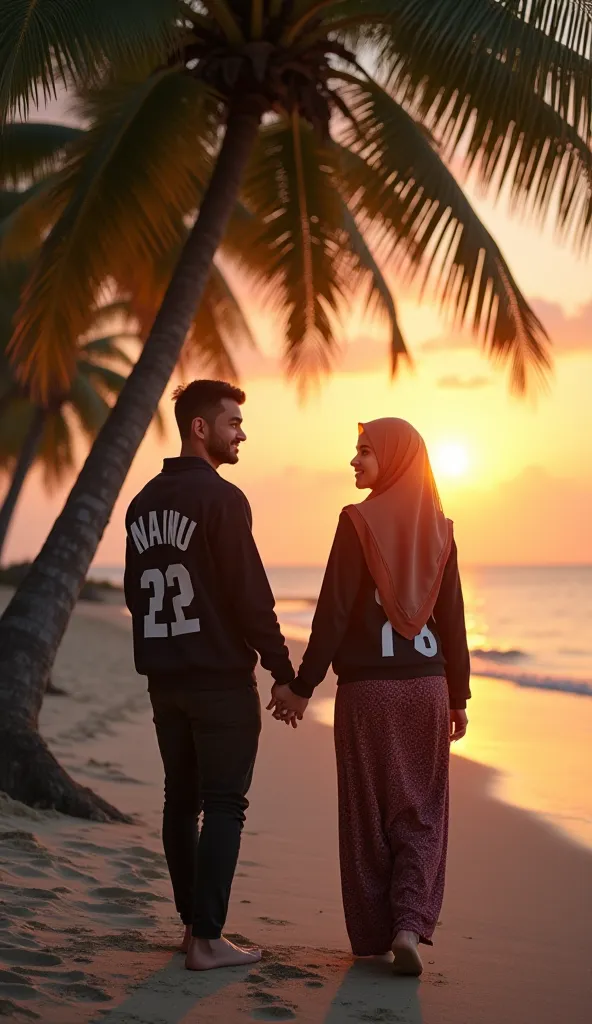 realistic image of beautiful Malaysian woman looking at camera smiling happily, wearing hijab and jacket with "Nainu" written on it, body walking with her back to her chest while pulling her lover's hand towards camera, under coconut tree on beautiful beac...