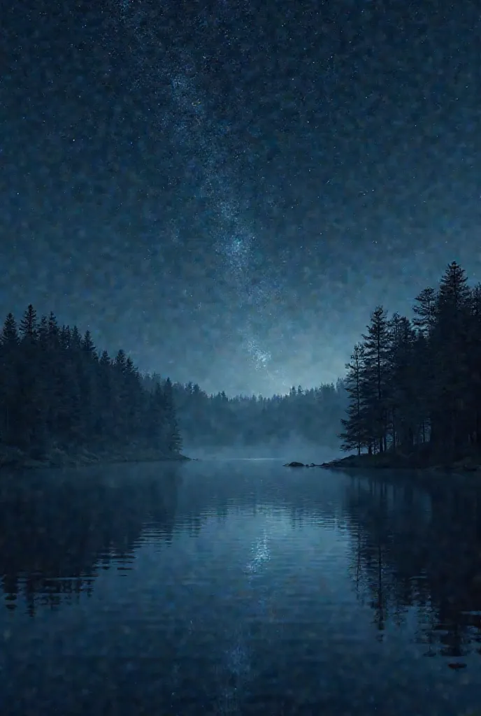 A very starry sky reflecting on the waters of a lake surrounded by trees 