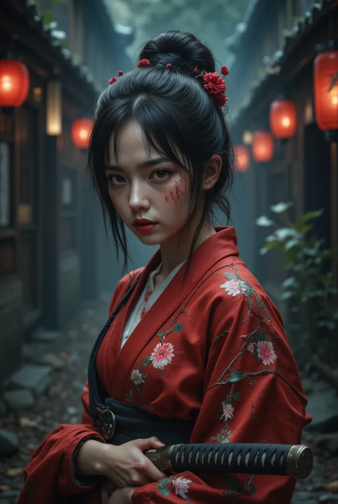 niji, gothic, erotic, anime, Off-center composition, three-quarters with high-key lighting, A photo-realistic shoot from a close-up camera angle about a young asian woman in traditional japanese attire holding a katana, with blood splattered across her fac...