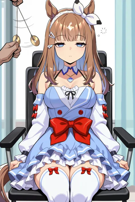 (masterpiece, ultra high definition, 16k, RAW photo, intricate), (sharp focus, crisp details), rich colors, vibrant details, noise reduction, 1girl , ((almond eye \( Uma Musume\)), (One Pendulum , Swinging pendulum, Pendulum before her eyes:1.9), Another...