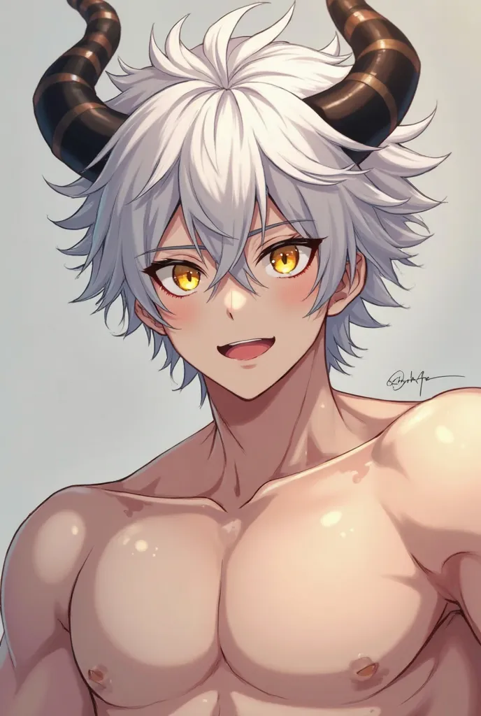 Create a picture of an anime with horns with white hair and yellow eyes I want him to look cute he's a man and he doesn't have a shirt he has a strong physique take a picture with different expressions