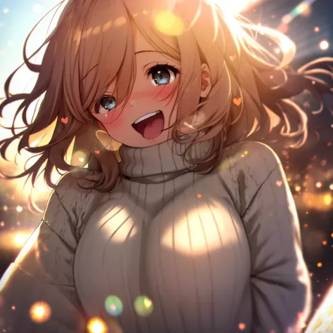 girl,  cozy sweater , upper body, (  laugh:1.1), (open your mouth:1.1), (wide eyes:1.2), sunshine, Bokeh, depth of field, blurry background,  light particles, Strong winds, ( HUGE HEART PARTICLES:1.1)