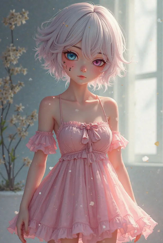 A femboy wears short pink female clothes and has blue eyes. He has a wound on his face and winks at one of his eyes 
