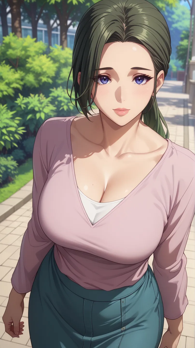 (masterpiece, best_quality:1.2), 1girl, solo, mature female, dark-green hair, low ponytail, (casual clothes, long sleeves, closed clothes, skirt), beautiful eyes, female focus, looking at viewer, large breast, cleavage, wide hips, ((above view)) ((close up...