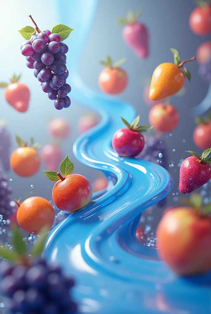 Make fruits in 3D flying in the background grape juice coming out blue