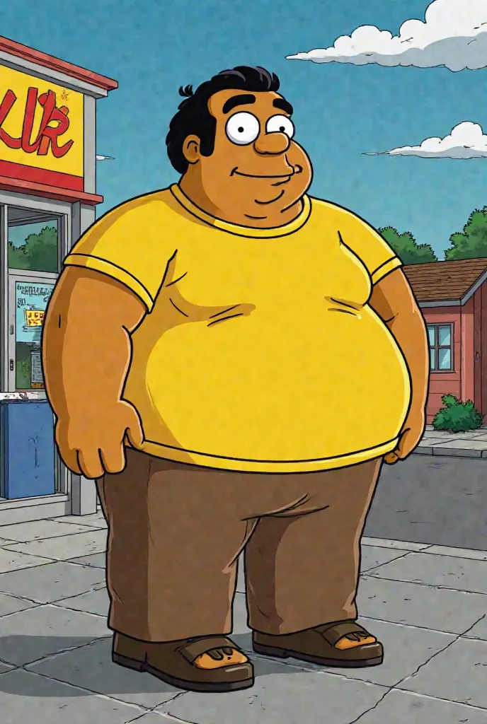 Apu from the Simpsons fat with yellow t-shirt and brown pants