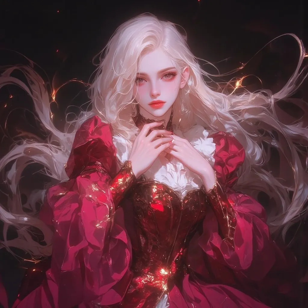 1girl,solo,Close up The time is set in the France, 1800. The woman has an ethereal beauty, with long golden blonde hair, crimson red eyes, slightly pink cheeks and full reddish lips,red theme,fantasy theme,
(artist:quasarcake:0.8),extreme aesthetic,(wlop:0...