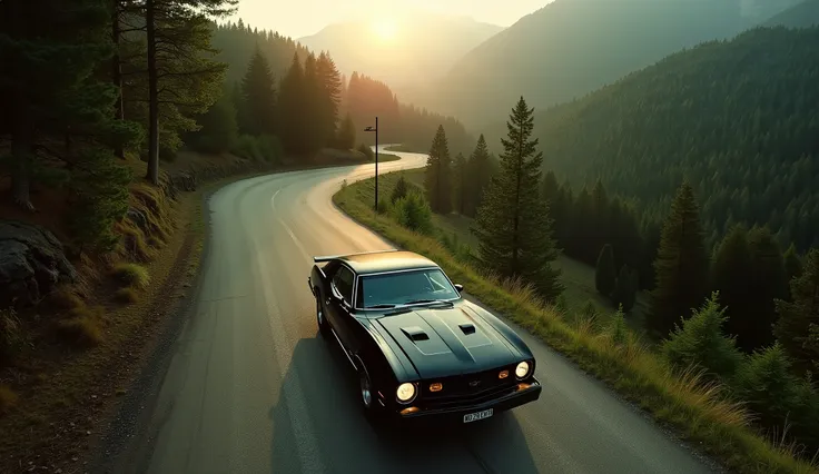 An overhead view looking down. 50 feet above. Drone POV. a winding road through a forest in Southeast Poland. warm sunset day. Carpathian mountains on backdrop. Driving on road is a black 1976 mustang. stock alloy wheels. driving away from pov. Pop up head...