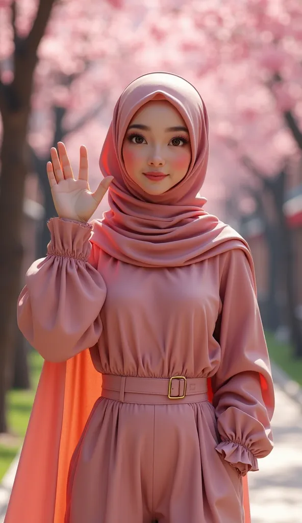 (Women in hijab cover hair, ears and neck) beautiful, highlighting big boobs, one hand waving, one hand pose 2 fingers, to det, Alone, happy expression, smooth white skin, rosy cheeks, (super tight fashion) close a large chest up to the thigh, HD, 3d, cher...