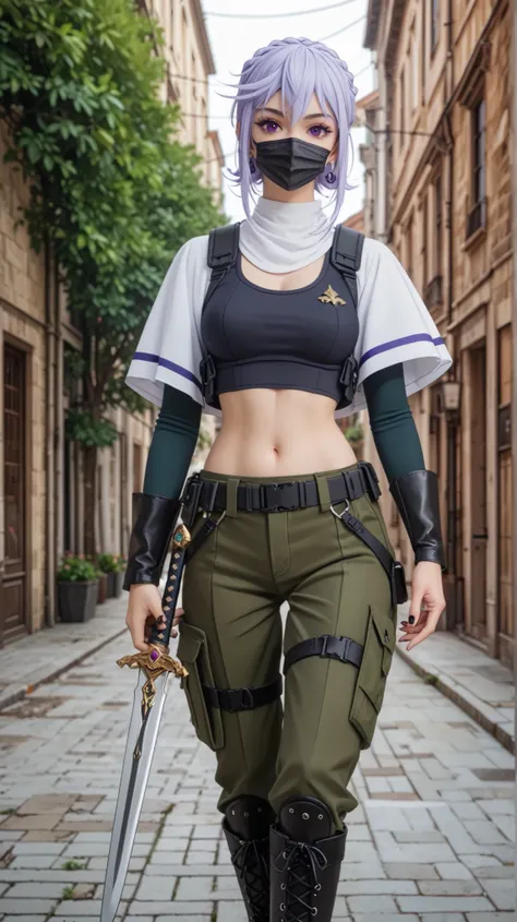 Puntuación 9, Puntuación 8, Puntuación 7, Fuente del anime, Konsubáeris, Eris, cabello corto, cabello blanco, cicatriz, ojos morados. A hyper-realistic portrait of Eris wearing a black tactical outfit, inspired by modern urban ninja aesthetics. She wears a...