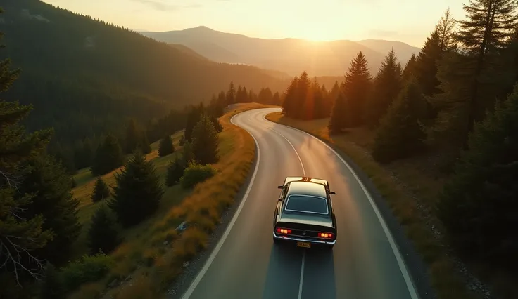 An overhead view looking down. 50 feet above. Drone POV. a winding road through a forest in Southeast Poland. warm sunset day. Carpathian mountains on backdrop. Driving on road is a black 1976 mustang. stock alloy wheels. driving away from pov. Pop up head...