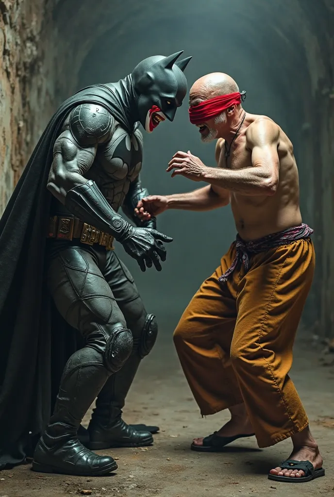 Man half Batman and half clown fighting against a bald monk with a red bandage on his eyes and without the top of his clothes but with pants
