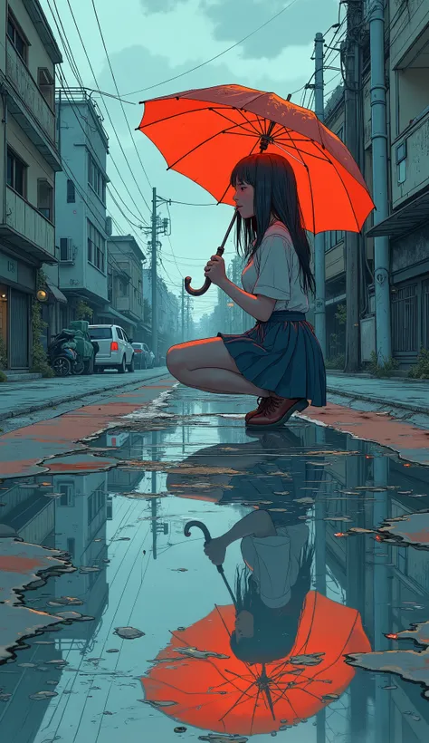 There is a high school girl kneeling in the water with a red umbrella、The road surface reflects the area like a mirror、Ripples in puddles、she is reflected in a puddle、painting by Cheng Jia Sui , Tumbler, Art Photos , rainの中, rain mood, in a rain environmen...