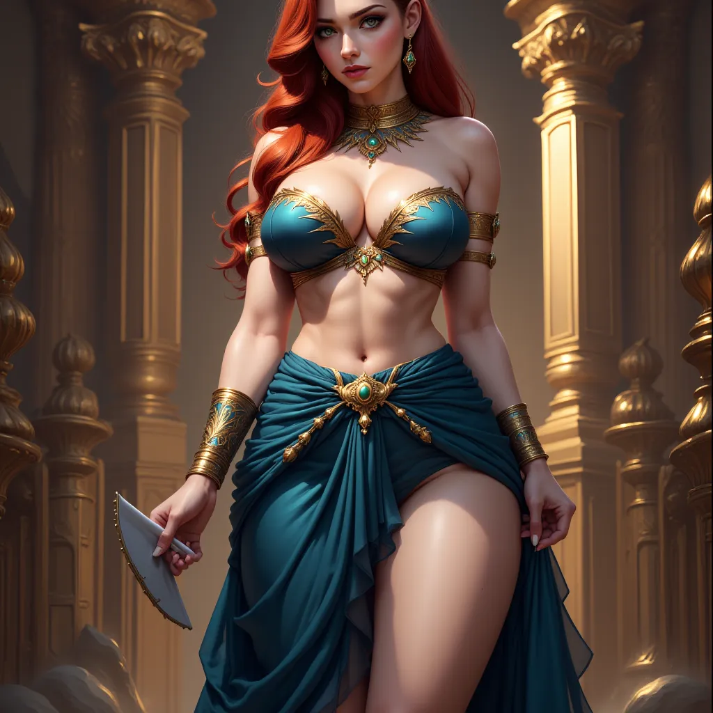 Calliope – The muse of epic poetry. A tall, elegant woman with well-defined features and an hourglass figure. She has auburn hair, emerald green eyes, and wears flowing deep blue robes embroidered with gold. Holding a writing tablet and stylus, she stands ...