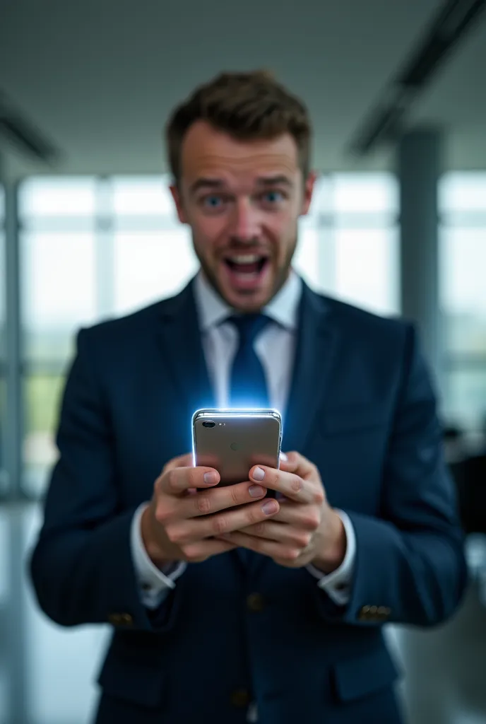 "A businessman in a formal suit, standing in a modern office setting. He has a mobile phone in his hand, holding it straight out in front of him, with the screen facing forward. His expression is one of shock and surprise, his eyes wide and mouth slightly ...