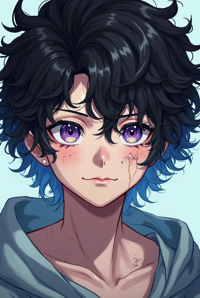 A handsome boy with curly black hair with blue in the lower part,a piercing on the right eyebrow and one on the lip,a scar on his left eye with a very noticeable burn,white skin color with very nice freckles,heterochromia eyes,the one on the left is purple...