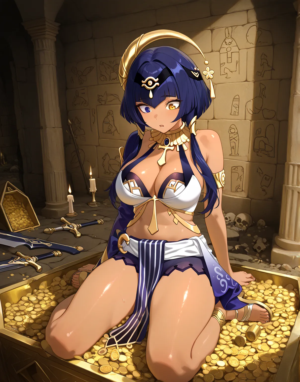 (masterpiece) ,best quality,amazing quality,very aesthetic,absurdres,newest, candace (genshin), big breasts, 1girl, Egyptian pyramid walls, juicy thighs,dark skin, bangs, blue hair, heterochromia, yellow eyes, blue eyes, sidelocks, surprised face, Egyptian...