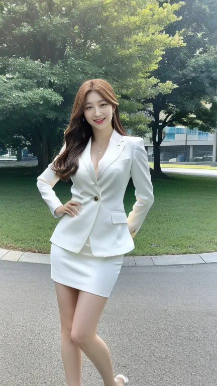 8K, highest resolution, Wore a strict black business suit ,  Japanese woman standing ,  full-body image of a Japanese woman in an empty park , wearing a strict white business suit, I'm wearing a white very short skirt, I'm wearing white ankle strap pumps, ...