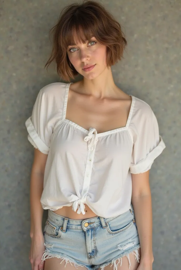 A young woman in her twenties exudes natural beauty and charm. full body. SUA, expressive eyes attract immediate attention, brimming with happiness and a carefree spirit. She practices bold, of hair super short typically associated with a masculine style, ...