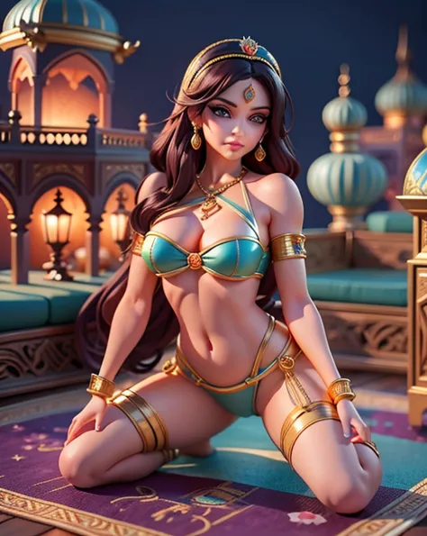 a woman in a bikini sitting on a rug in front of a castle, princess jasmine, arabian princess, beautiful genie girl, photorealistic disney, princes jasmin, arabian beauty, disney character, disney photo realistic, sexy movie photo, arab princess, epic 3 d ...