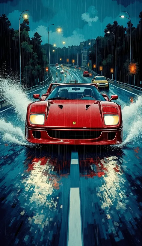 Suzuki Hideto's painting style 、Ferrari F40、night、 headlight on 、Rain Circuit、Heavy Rain、Night Racing on a Rainy Highway、Ferrari F40 sprinting、