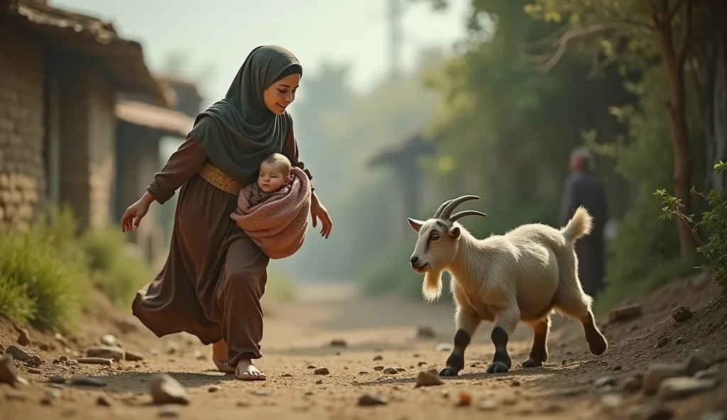 Create a scene where a muslim adult girl going to pickup her newborn baby girl from the trash but 
big goat drag a baby girl towards her mother 