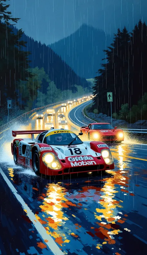 Suzuki Hideto's painting style 、Mazda 787b、night、 headlight on 、Rain Circuit、Heavy Rain、Night Racing on a Rainy Highway、水しぶきを上げて疾走するMazda 787b、