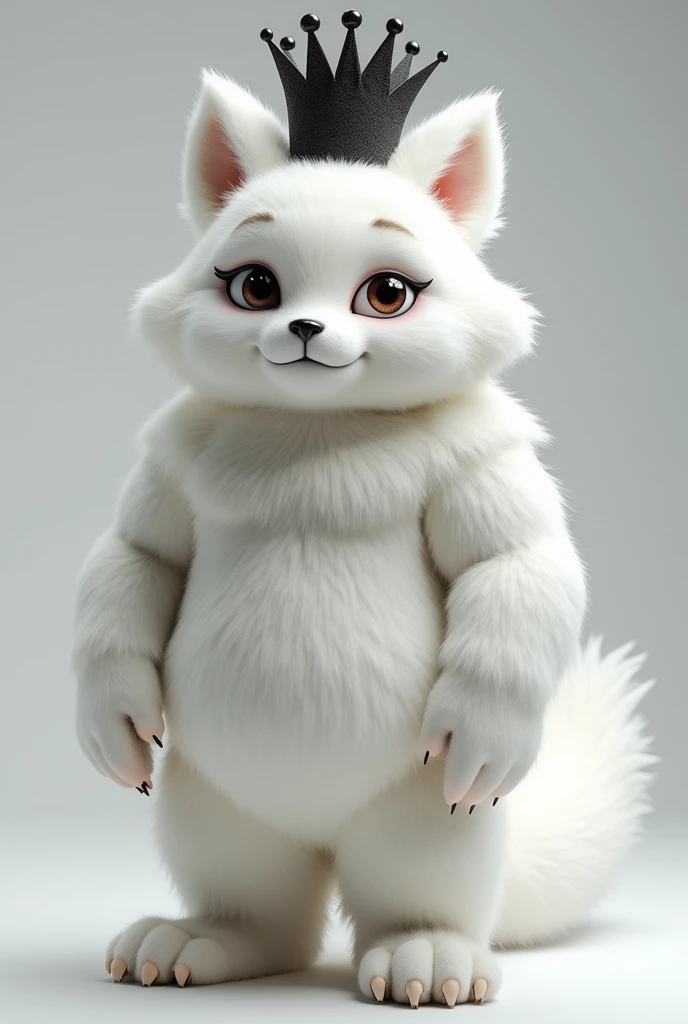 A male furry with White fur and a black tiny crown floating above his head, with thick thighs, looking aside and blushing, NSFW.