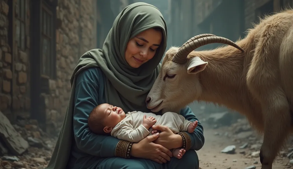 Create a scene where a muslim adult girl going to pickup her newborn baby girl from the trash and kissing her but 
big goat drag a baby girl towards her mother 