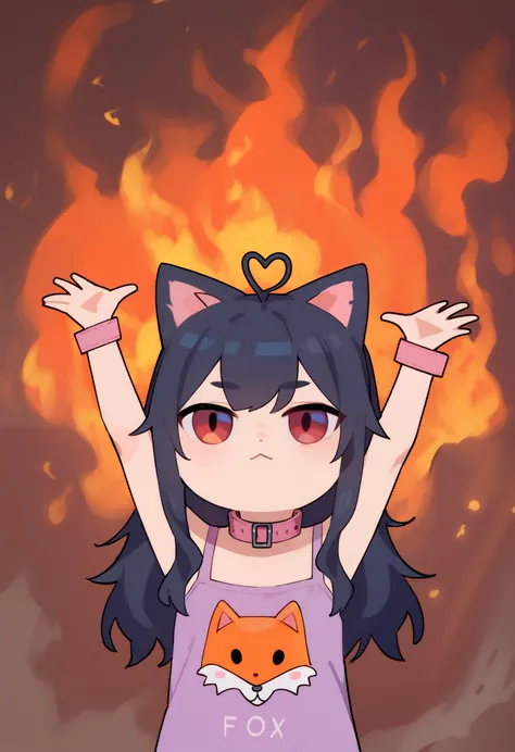 score_9, score_8_up, score_7_up, 1girl, chibi, arms up, fire, outstretched arms, upper Body, burning, cat ears, red eyes, long hair, black hair, (Ahoge), straight bangs,, collar,
