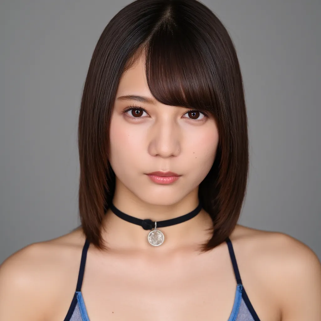 The image is、The name of a young woman with half long hair is a close-up portrait of Kosakana. she's wearing a blue see-through slingshot swimsuit with a choker necklace around her neck.  Her hair is styled like a bob with her bangs falling off her shoulde...