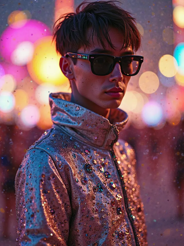 Long full shot of A very skinny man with black eyeglasses and straight Dark brown short hair, with a yellow soft light behind his body wearing a very bright and sparkle silver metallic glam space Warrior with a lot of colorful jewerly incrusted on it looki...