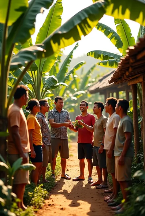 "A highly realistic scene set in a lush banana plantation, with a traditional classic village house in the background. Seven real villagers—men, women, and ren—are gathered around a banana tree, pointing excitedly at a particular bunch of bananas. Their fa...