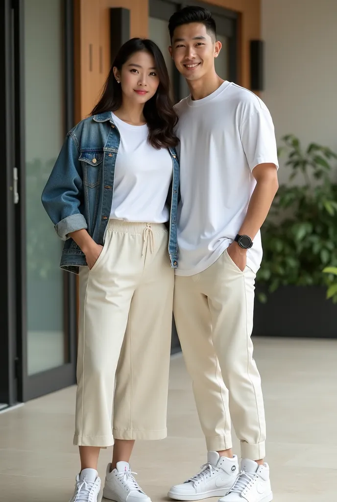 Full body photography of a beautiful Asian woman with a slightly fat body wearing a white t-shirt with a Jean's jacket, cream pants, white Jordan shoes, a cream, beautiful eyes, a gentle smile, a handsome Asian man wearing a white t-shirt with a Jean's jac...