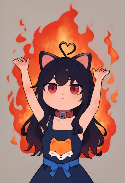 score_9, score_8_up, score_7_up, 1girl, chibi, arms up, fire, outstretch.6ed arms, upper Body, burning, cat ears, red eyes, long hair, black hair, (Ahoge), straight bangs,, collar,