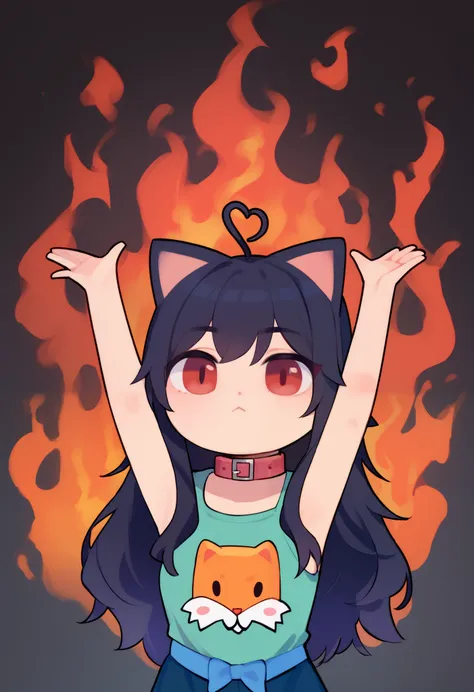 score_9, score_8_up, score_7_up, 1girl, chibi, arms up, fire, outstretch.6ed arms, upper Body, burning, cat ears, red eyes, long hair, black hair, (Ahoge), straight bangs,, collar,