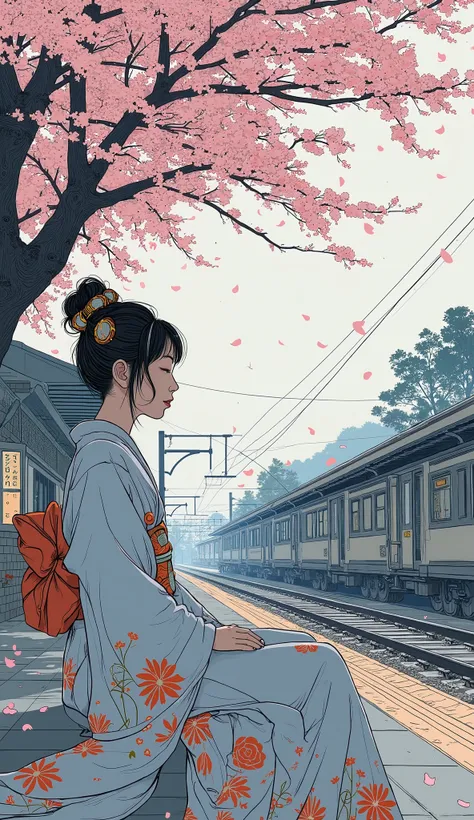 There is a Japanese woman wearing a kimono sitting on the train station platform, Paintings by Eizan Kikugawa, Planets with tendencies, aesthetics, sakura season, season!! : 🌸 ☀ 🍂 ❄, cherry blossomss, cherry blossoms trees, cherry blossoms, this is beautif...