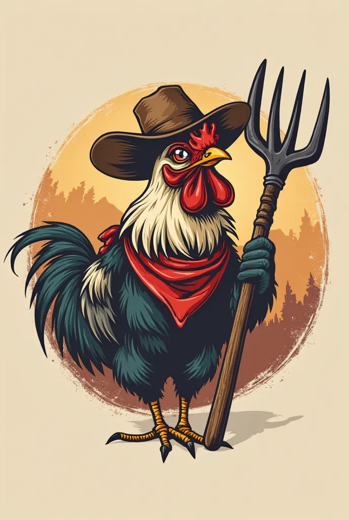 Can you generate a logo with a rooster with a cowboy hat and a bandit-style handkerchief, holding an agricultural tool,  like a shovel or a rake 