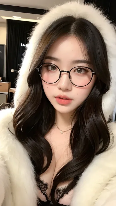 A girl with a perfect figure, a very beautiful face and eyes, wearing a black veil with glasses, big breasts, big breasts, very big breasts, Baogou, a white-skinned girl, wearing a thick white fur coat, beautiful skin