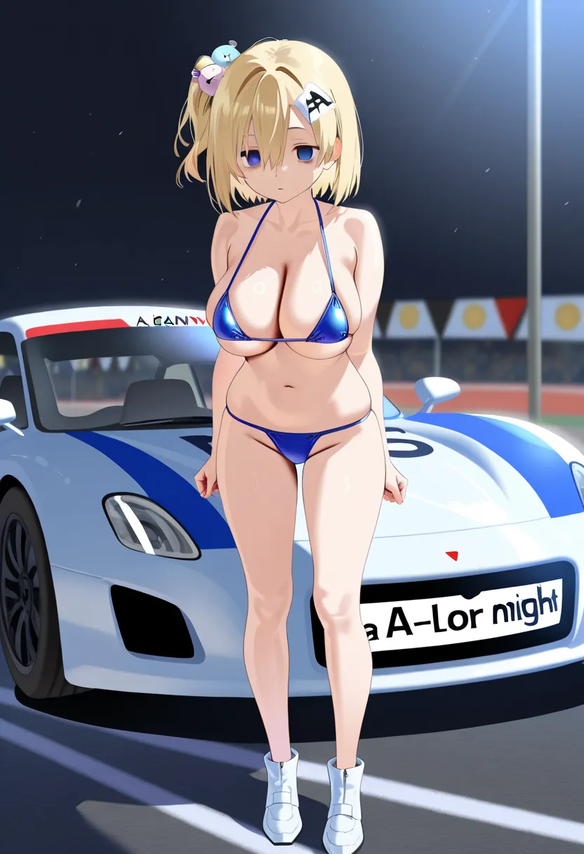 (A rainy night highway race and a girl:1.5)    1girl   , large breasts,  BLONDE HAIR, one side up, CHARACTER HAIR ORNAMENT, HAIR BETWEEN EYES, SHORT HAIR, blue eyes,,  empty eyes, micro bikini for puffy, alone, full body